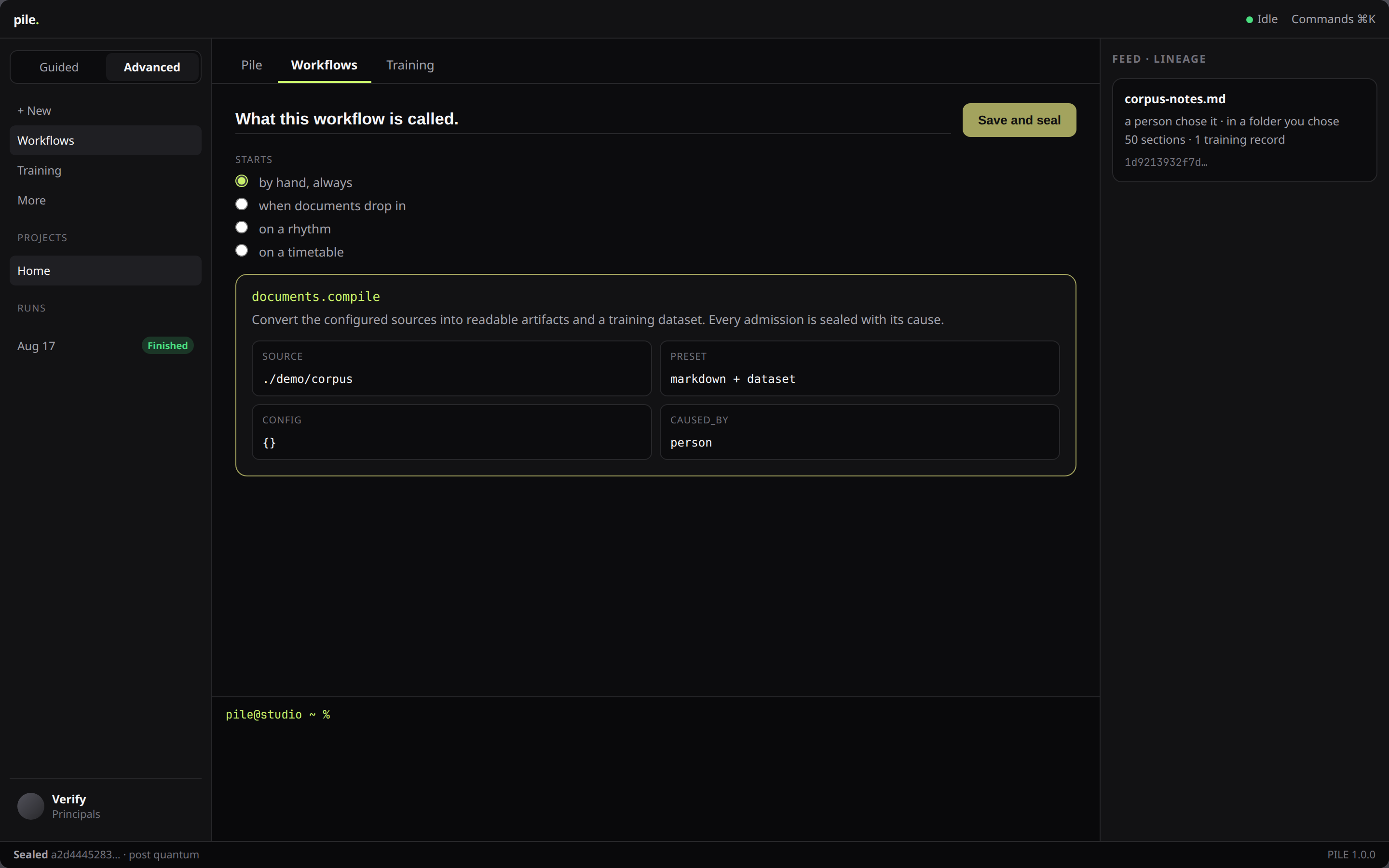 Workflow editor with documents.compile and Save and seal
